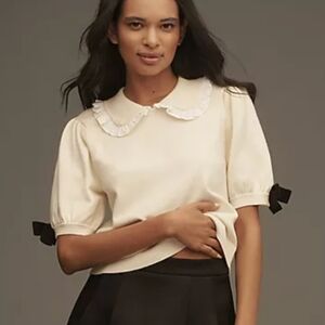 MAEVE Anthropologie Women's Peter Pan Collar Ruffle Blouse Bow Sleeves